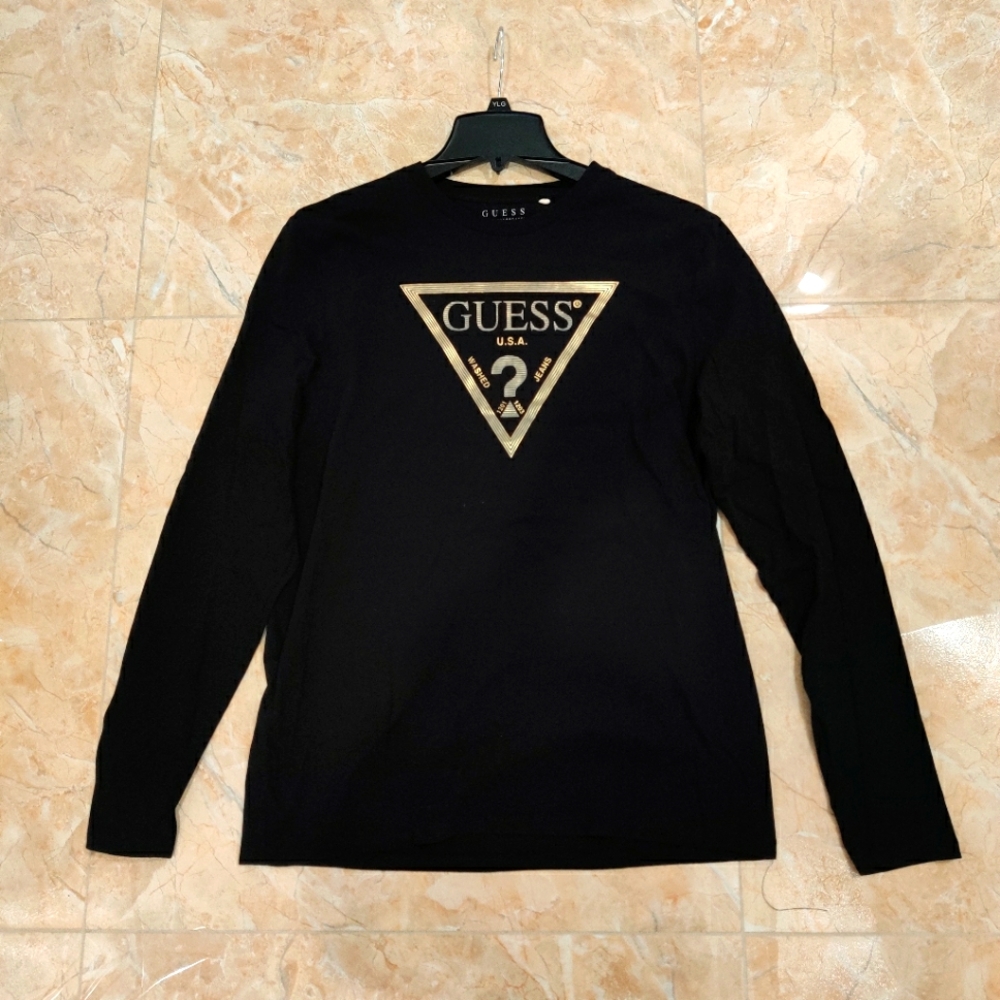 Guess Logo Black Gold Reflective Long Sleeve T Shirt